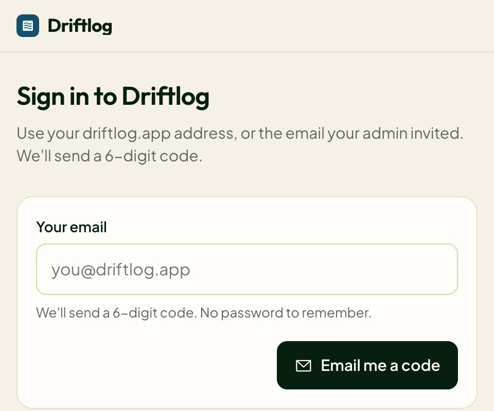 A sign-in page carrying the Driftlog project’s own logo and name.