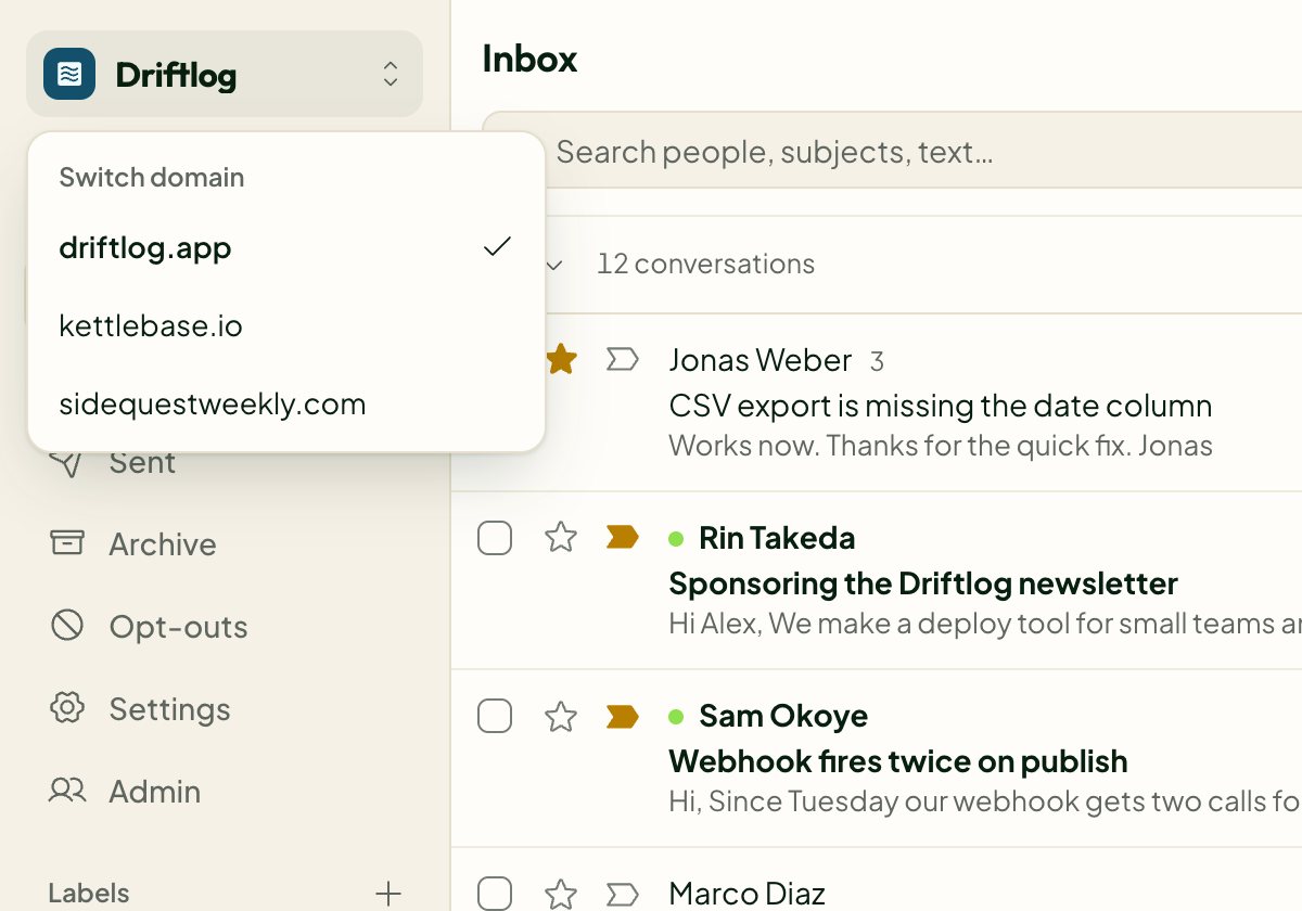 The project switcher open at the top of the inbox, listing two more domains.