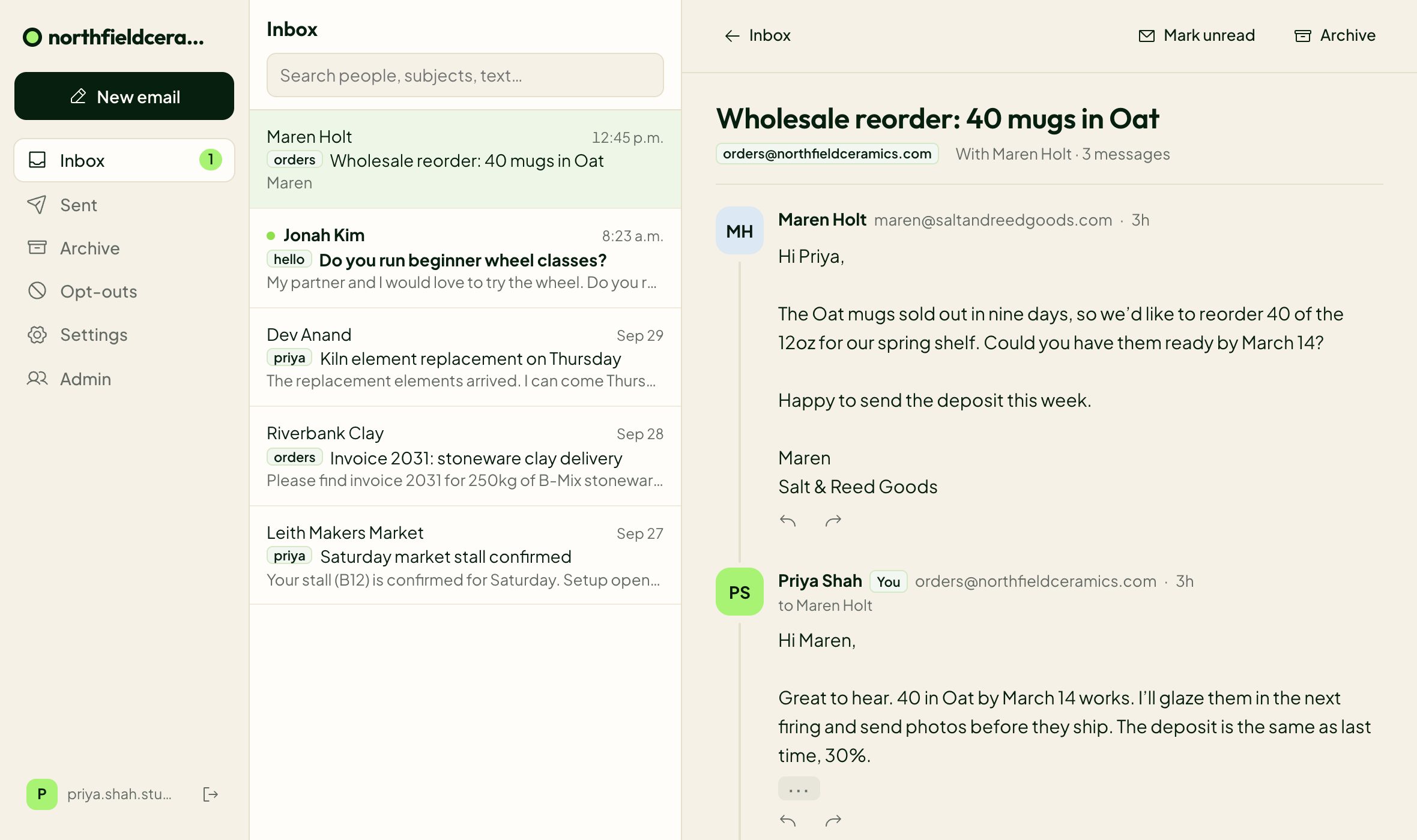 The Digismak inbox: a shared orders@ address and personal mail in one list.