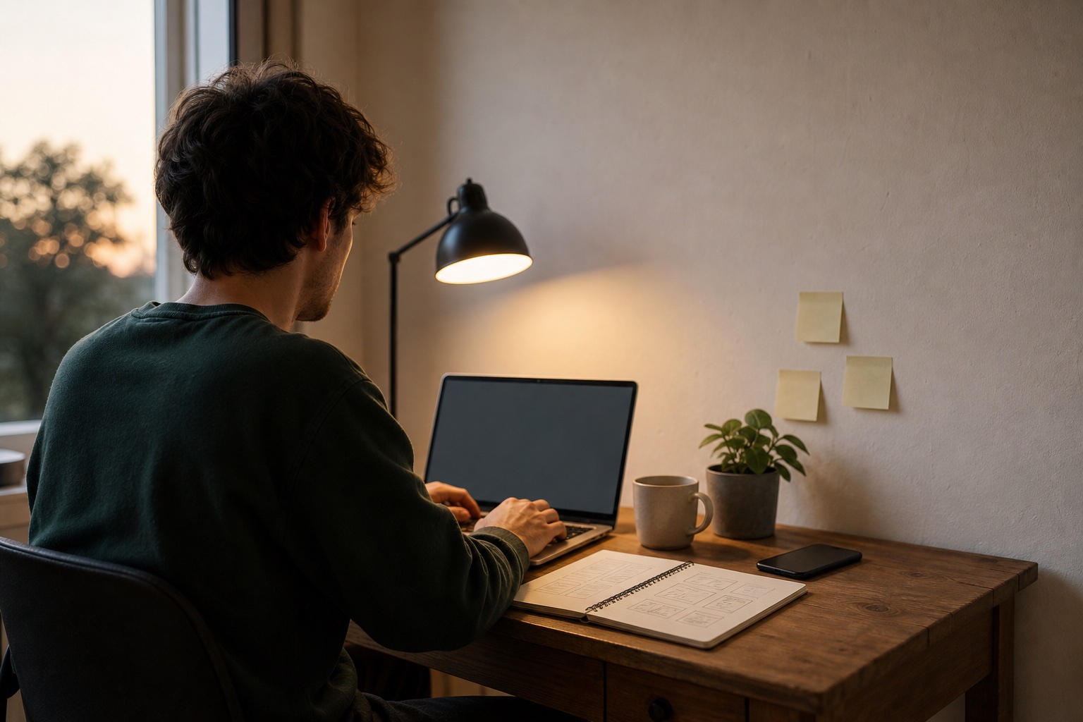 A solo maker at a home desk in the evening, typing on a laptop beside a notebook of app sketches