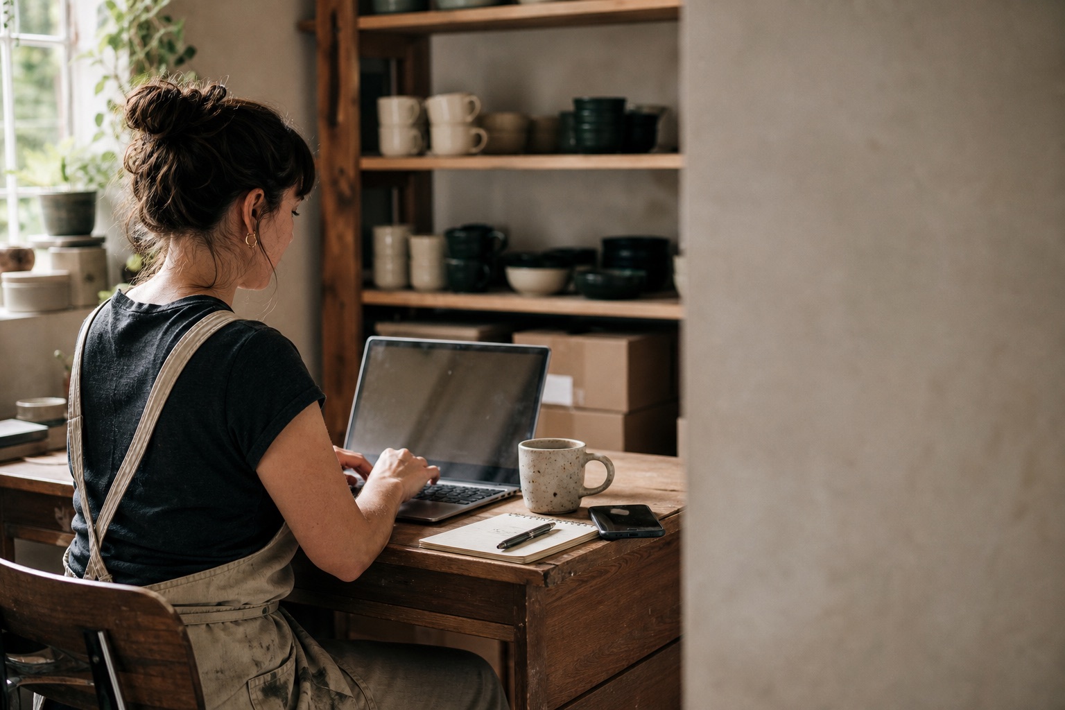 A ceramics studio owner at her desk typing an email on a laptop, shelves of glazed mugs behind her