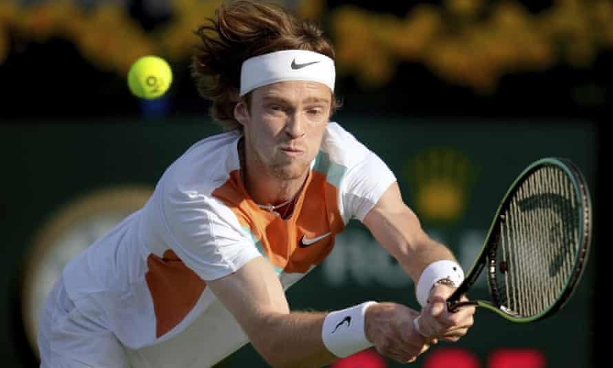 Russia's Andrey Rublev returns the ball to Korea's Kwon Soon-woo during a match at the Dubai Duty Free Tennis Championship in Dubai, United Arab Emirates on Wednesday  23 February 2022.