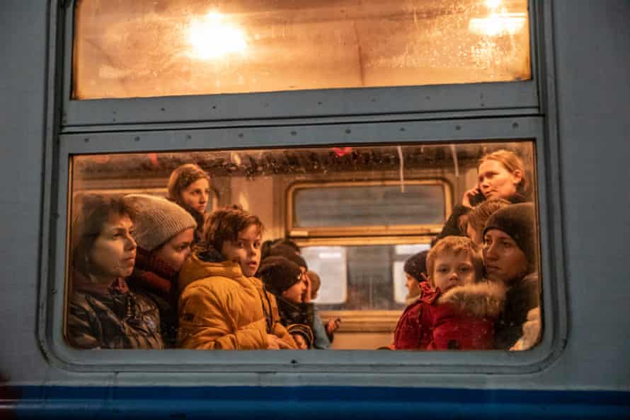 Families with children inside the train to Przemyśl in Poland.