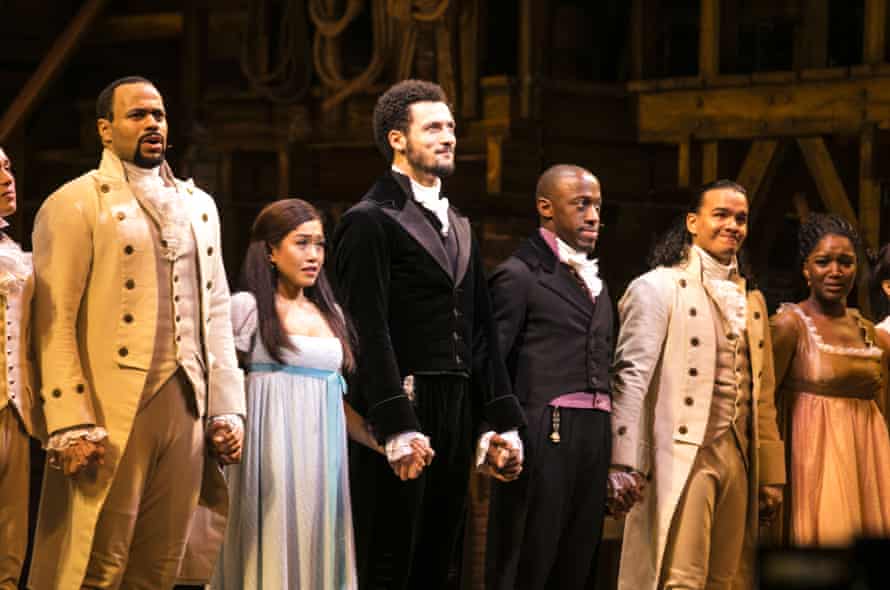 Obioma Ugoala, Rachelle Ann Go, Jamael Westman, Giles Terera, Cleve September and Rachel John at the curtain call for Hamilton on its opening night in London in 2017.