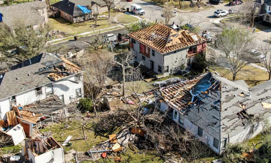 An aerial photo shows damaged homes after a series of tornadoes passed through Round Rock, Texas.