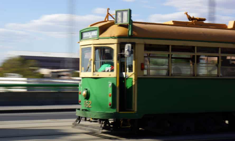 TrainsOld electric tram One of Melbourne's free city circle trams Melbourne Australia Moving ozstock ozstock
