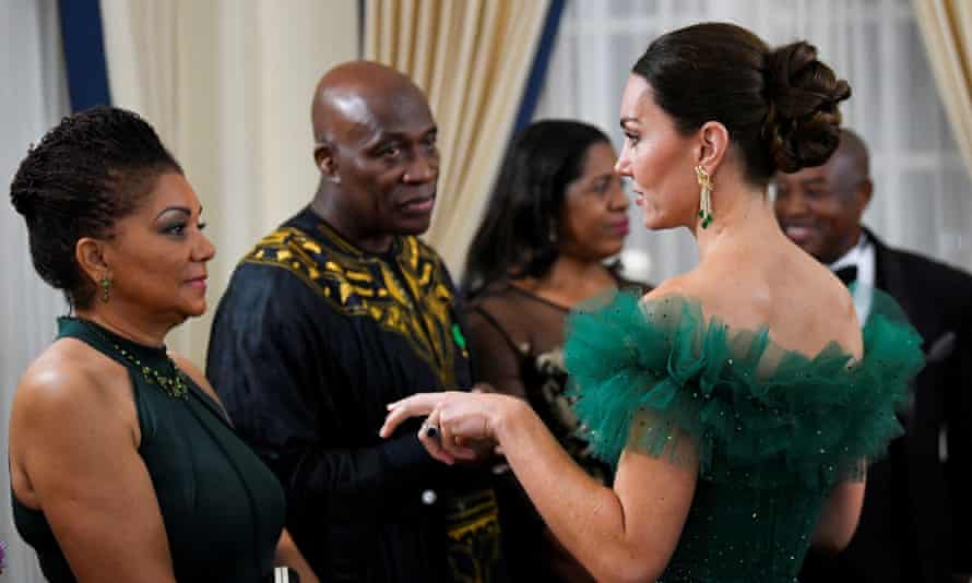 The Duchess of Cambridge attends a dinner hosted by Patrick Allen, Governor General of Jamaica, at King's House, Kingston, Jamaica.