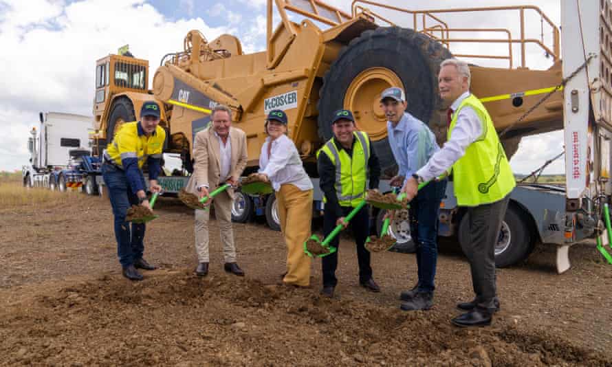 Forrest poses for a publicity shot to mark the start of construction of Fortescue Future Industries’ green energy manufacturing plant in Gladstone, Queensland, in February.
