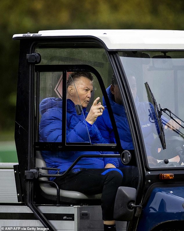 Van Gaal had to take training from a golf buggy after fracturing his hip in a bike accident