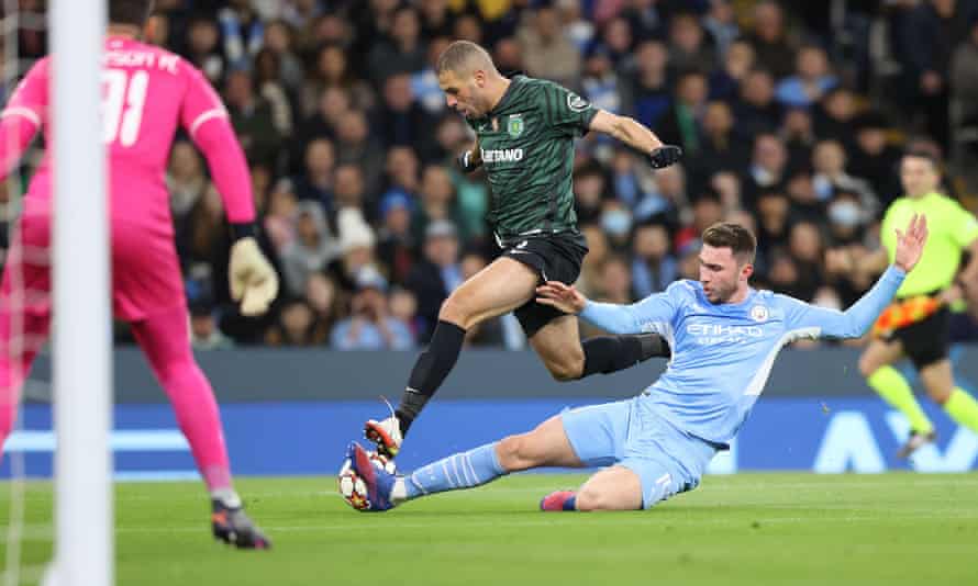 Aymeric Laporte slides in to block a shot by Sporting’s Islam Slimani in the Champions League this month.