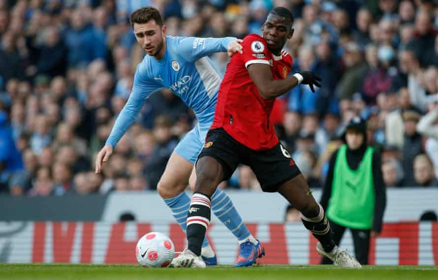 Aymeric Laporte battles with Paul Pogba during this month’s Manchester derby, which City won 4-1.