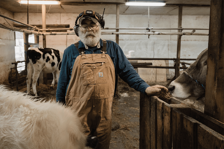A man wearing tan overalls closes his eyes in a barn with his cows.