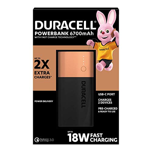 Duracell Powerbank de 6700 mAh, Bateria Externa movil con USB C y Carga rápida IN/OUT, Power Delivery 18W y Quick Charge 3.0 para Iphone, Samsung, Xiaomi y Dispositivos con alimentación USB