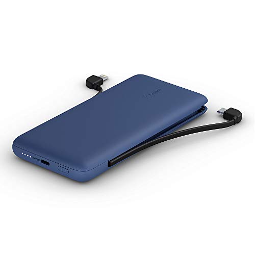 Belkin BoostCharge Plus cargador portátil batería externa 10K (10 000 mAh con cables integrados Lightning MFI y USB-C y un puerto USB-C adicional, para iPhone 13 serie y modelos anteriores), azul