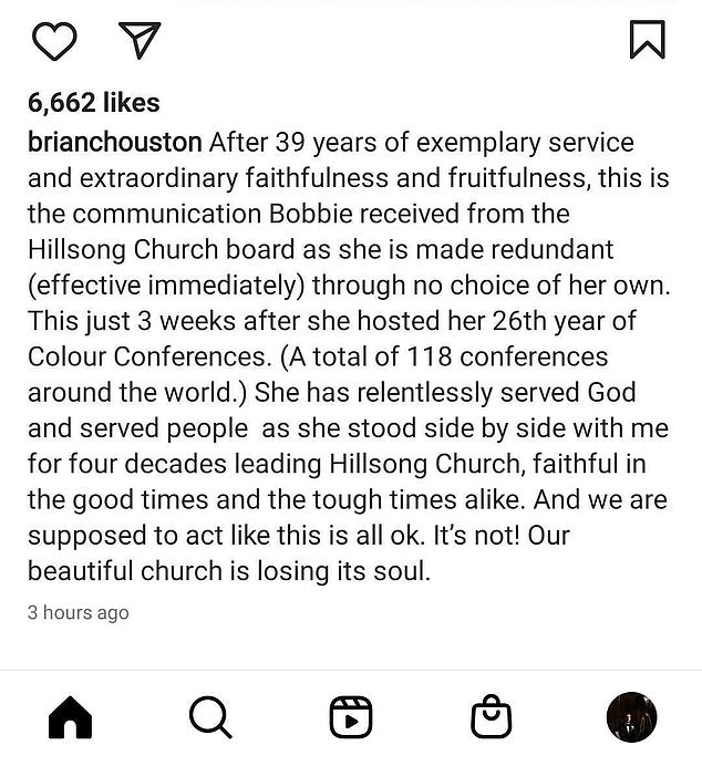 Mr Houston condemned Hillsong for making his wife redundant and said it was a sign the couple's 'beautiful church' was 'losing its soul'