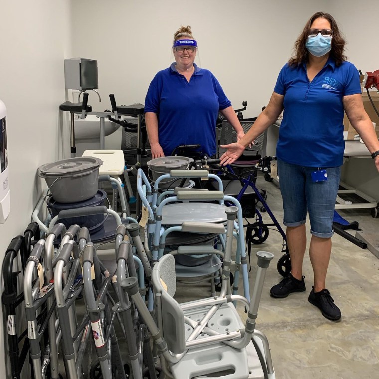 At the Foundation for Rehabilitation Equipment and Endowment in Richmond, Va., equipment technician Liz Dennis, left, and program coordinator Lisa Soto stock and organize the equipment closet with refurbished inventory.