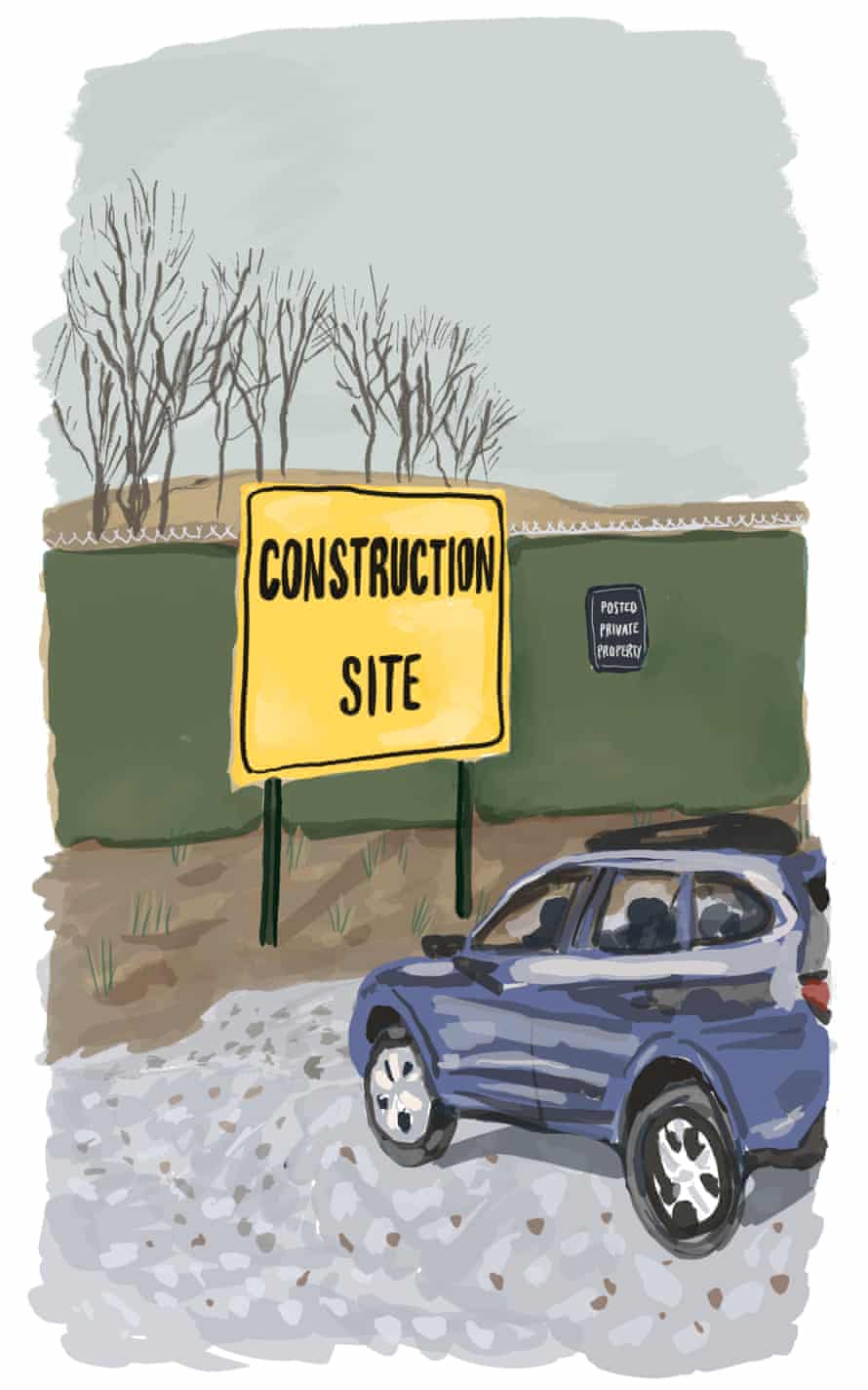 Illustration of car parked in front of construction site sign. 