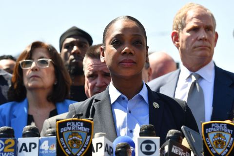 New York City Police Commissioner Keechant Sewell speaks about the shooting at a <a target=