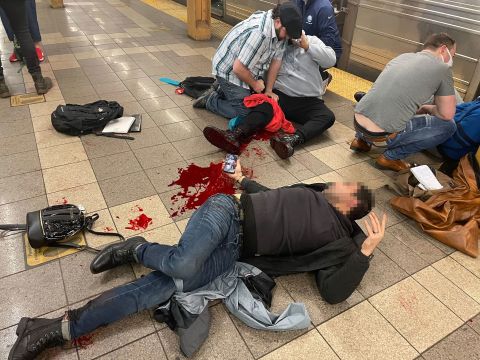 Injured people are seen on the platform of the 36th Street subway station on Tuesday. This photo was taken by photojournalist Derek French, who told CNN he leveraged his Red Cross first aid training to help victims. While helping them, French also discovered that he himself had been shot in the ankle and was bleeding. <strong></noscript><em>Editor’s note:</em></strong><em> A blur has been applied here by CNN to protect the identity of the victim.</em>” class=”gallery-image__dam-img”/></source></source></source></picture>
    </div>
<p>
            <strong>Photos:</strong> Brooklyn subway shooting
        </p>
<div class=