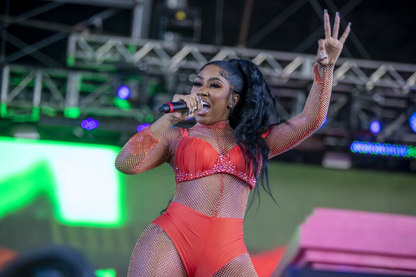 Yung Miami performs during hip-hop duo City Girls' set on the first day of Coachella 2022.