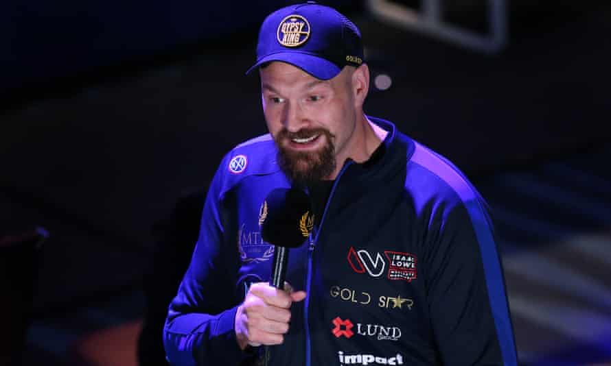 Tyson Fury wears an MTK Global logo during an MTK Fight Night at the University of Bolton Stadium in March 2021