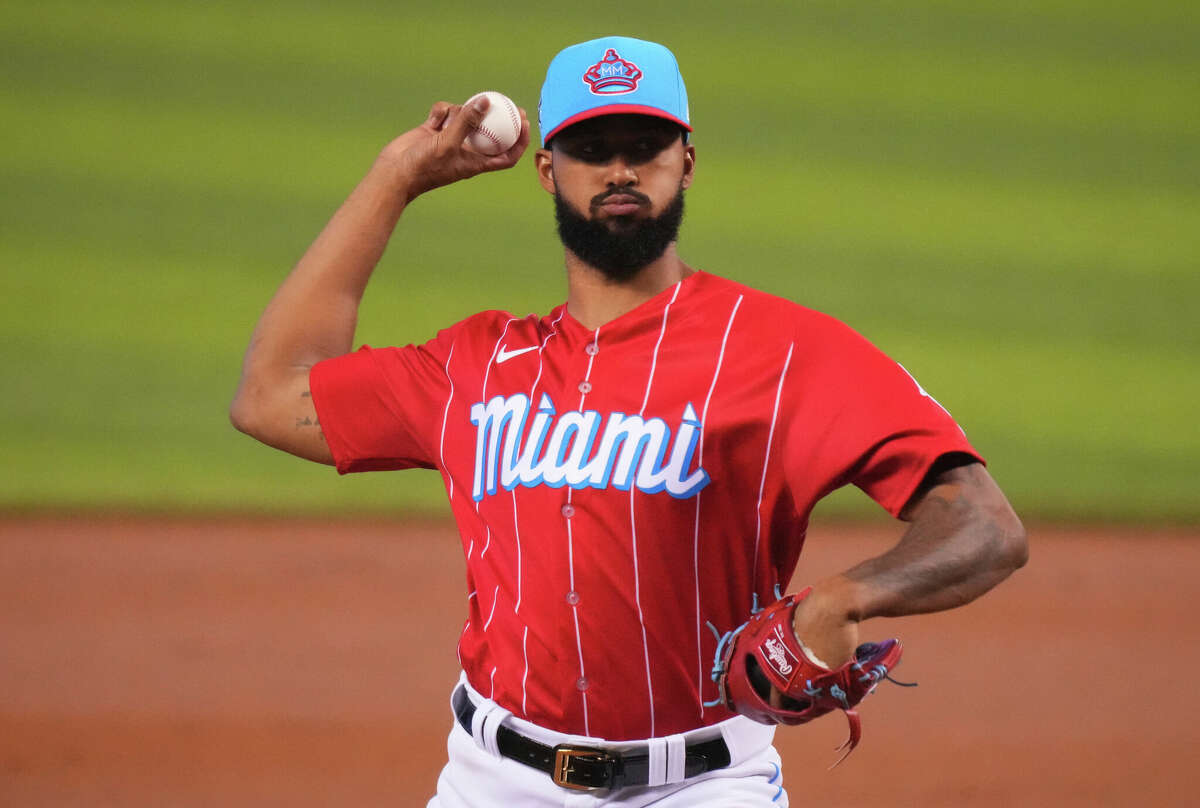 Sandy Alcantara of the Miami Marlins delivers a pitch against the Washington Nationals at loanDepot park on June 27, 2021 in Miami. The Marlins unveiled their City Connect uniforms in 2021.