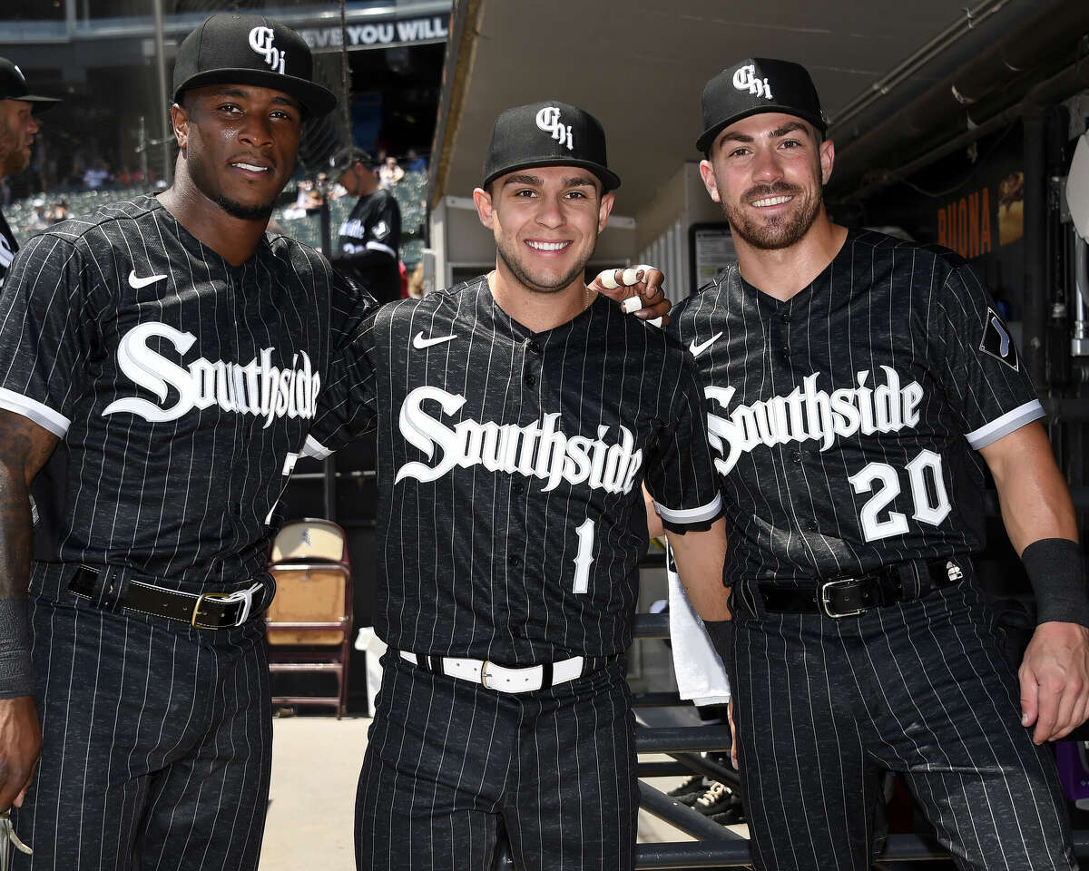 Tim Anderson (7), Nick Madrigal (1) and Danny Mendick (20) of the Chicago White Sox pose for a photo prior to the game against the Detroit Tigers on June 5, 2021 at Guaranteed Rate Field in Chicago, Illinois. The White Sox debuted their Nike City Connect Southside uniforms on this day.