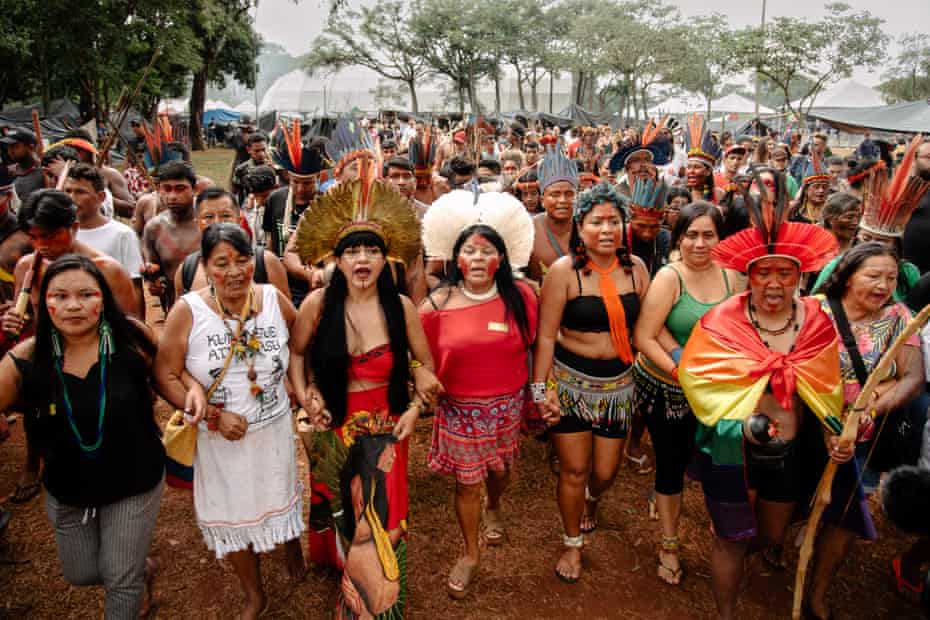 Prominent female indigenous leaders Maial Payakan, Sônia Guajajara, Célia Xakriabá, Braulina Baniwa and others join a march in Brasília during the Free Land Camp to protest against Bolsonaro's anti-Indigenous agenda.