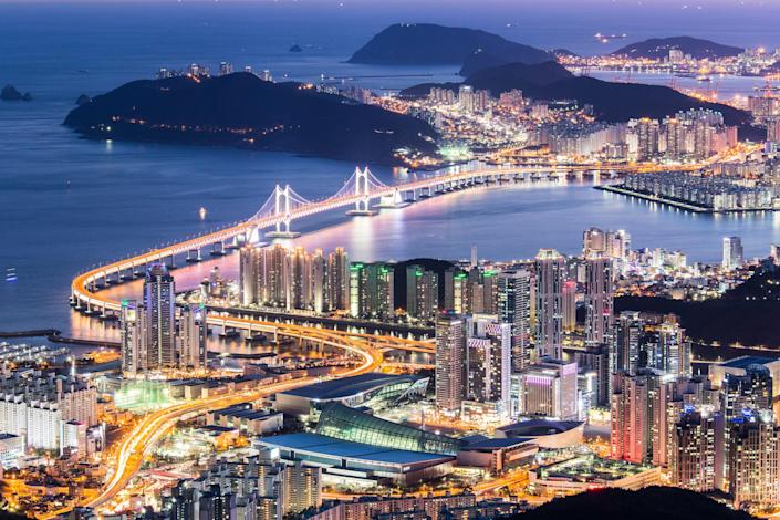 Skyline of Busan City with Gwangan Bridge.  Busan, South Korea