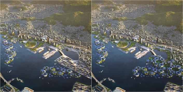 Busan South Korea floating city mockup.  Comparison showing two stages of construction