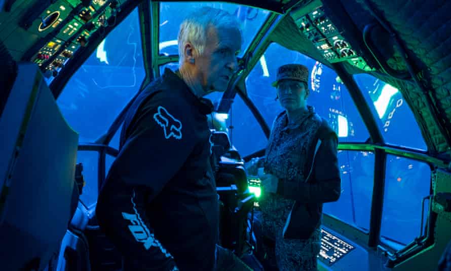 Director James Cameron on set with actor Edie Falco.
