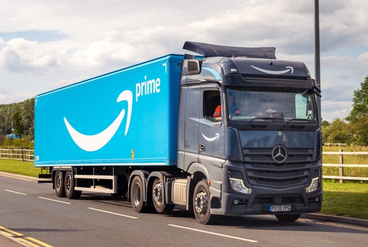 Amazon Prime delivery truck on the road
