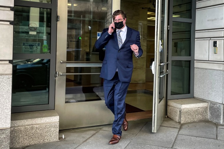 Dustin Thompson leaving U.S. District Court in Washington D.C., on April 12, 2022.