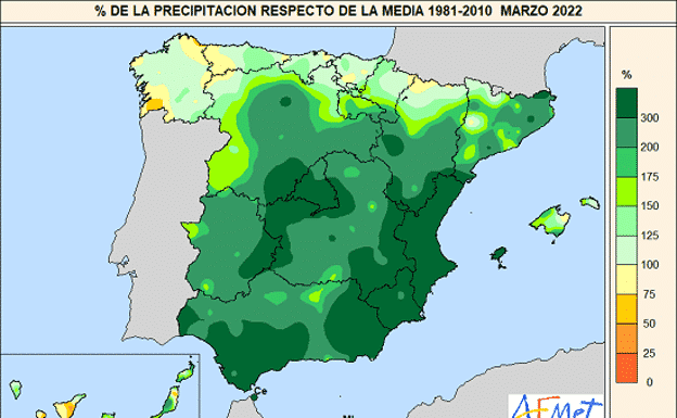 The map shows how rainy March has been in mainland Spain, especially in the east. 
