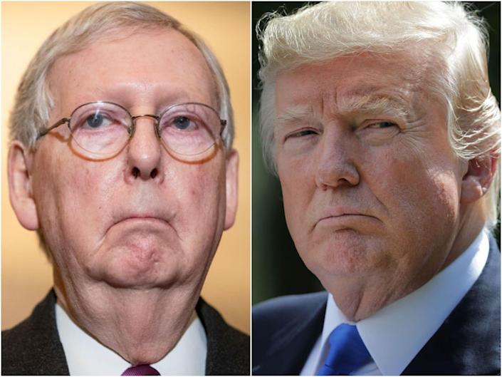A side-by-side image of Senate Minority Leader Mitch McConnell and former president Donald Trump.