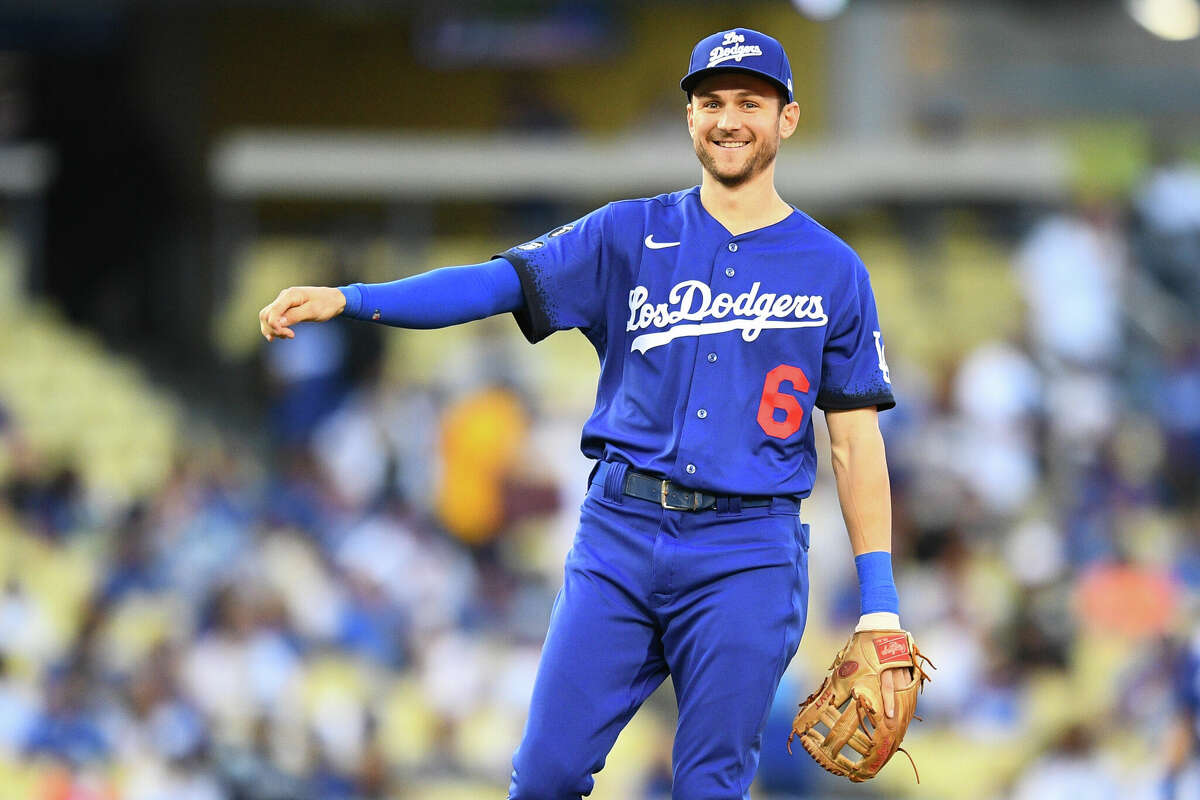 Los Angeles Dodgers second baseman Trea Turner looks on during a game against the New York Mets on August 20, 2021 at Dodger Stadium in Los Angeles. The Dodgers unveiled their Los Dodgers City Connect Uniforms in 2021.