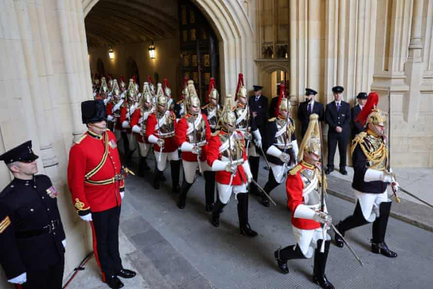 Members of the Household Cavalry at the Sovereign’s Entrance ahead of the State Opening this morning.