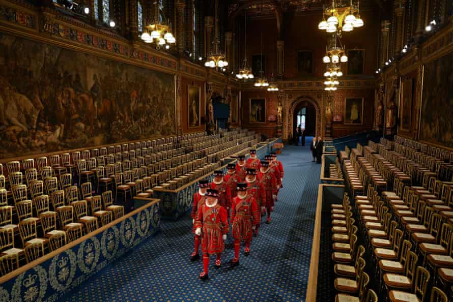 Yeomen of the Guard, wearing traditional uniform, walking through the Royal Gallery as they took part in the ‘ceremonial search’ before the state opening of parliament this morning.