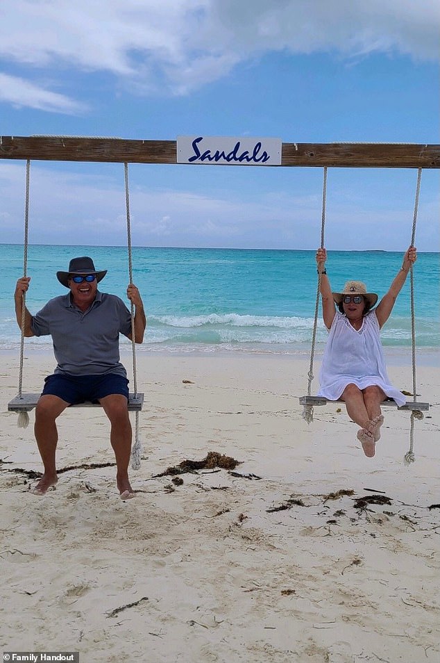 Vincent Chiarella is pictured with his wife Donnis at Sandals in the Bahamas just days before he died and she was left seriously ill. Her condition is now improving in hospital in Miami