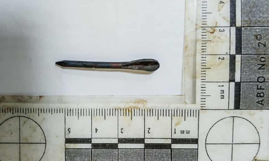 A small metal dart, called a fléchette, that was embedded in the body of man killed in Bucha