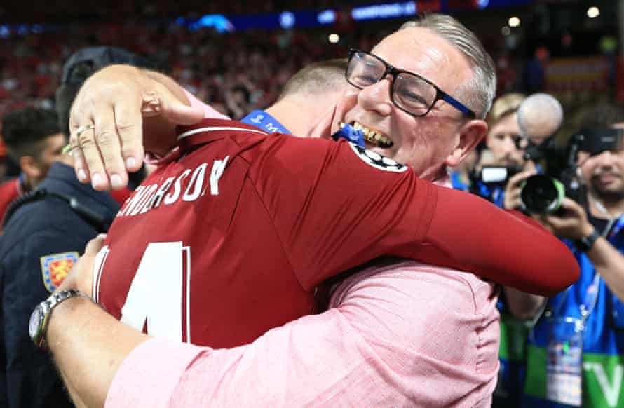 Jordan Henderson embraces his father, Brian, after the 2019 Champions League final.