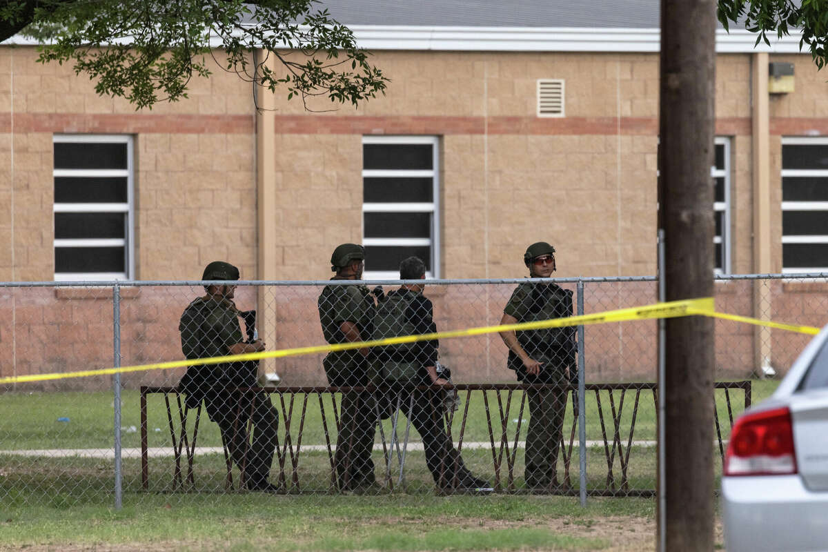 UVALDE, TX - MAY 24: Law enforcement work the scene after a mass shooting at Robb Elementary School where 19 people, including 18 children, were killed on May 24, 2022 in Uvalde, Texas. The suspected gunman, identified as 18-year-old Salvador Ramos, was reportedly killed by law enforcement. (Photo by Jordan Vonderhaar/Getty Images)