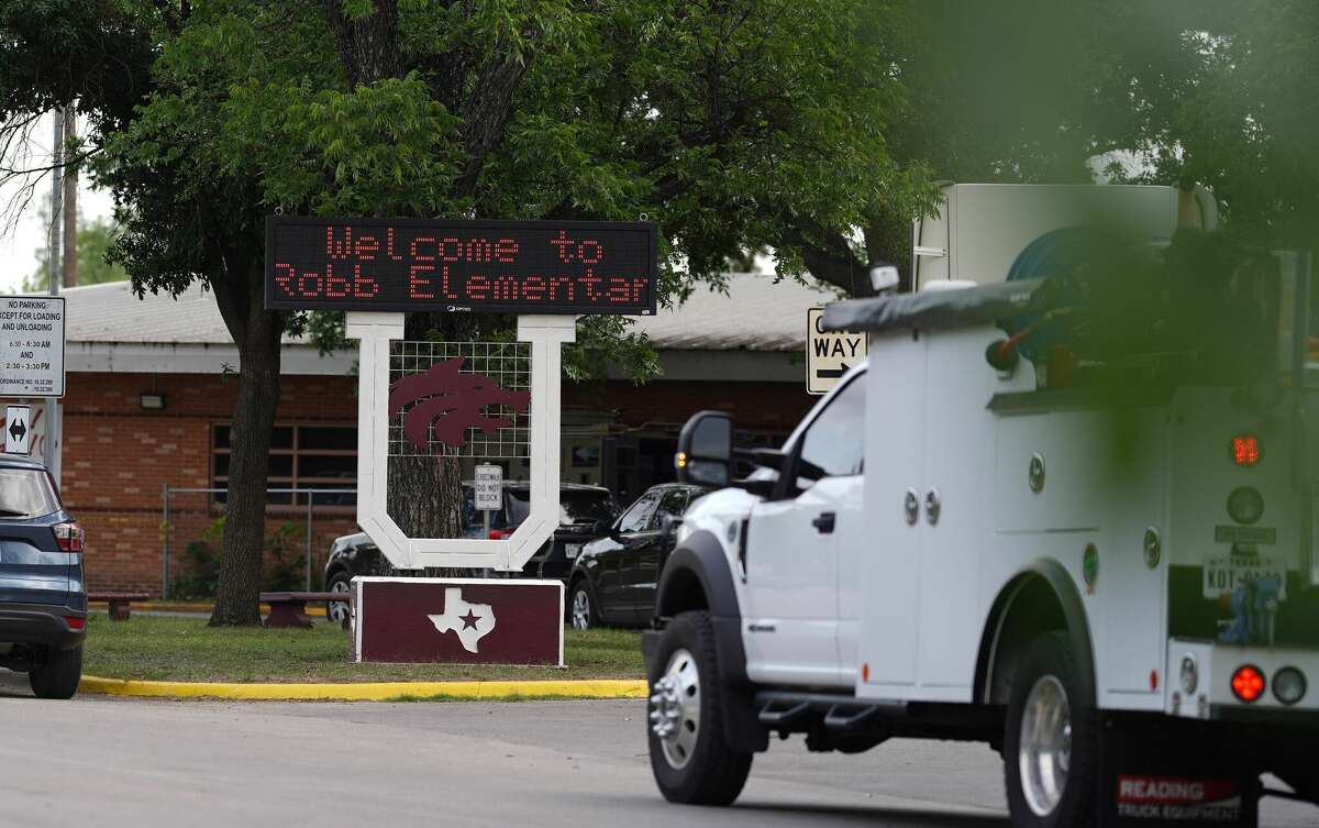 A welcome sign is seen outside of Robb Elementary School in Uvalde, Texas, on May 24, 2022. - An 18-year-old gunman killed 14 children and a teacher at an elementary school in Texas on Tuesday, according to the state's governor, in the nation's deadliest school shooting in years. (Photo by allison dinner / AFP) (Photo by ALLISON DINNER/AFP via Getty Images)