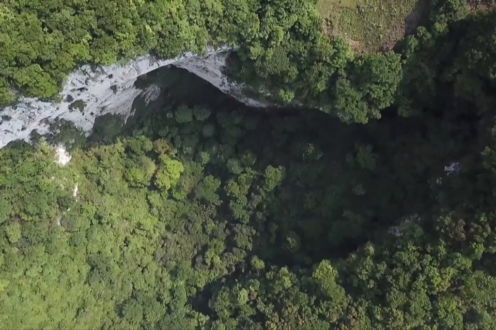 Chinese spelunkers have discovered a massive 630-foot sinkhole with a primeval forest growing at the bottom.