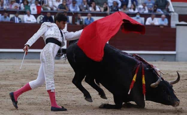 The right-handed Ángel Téllez during the bullfight at the San Isidro Fair, this Tuesday at Las Ventas in Madrid. 