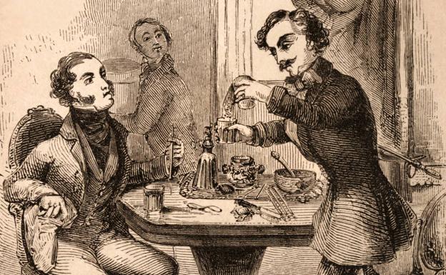 Illustration of the preparation of a sherry-cobbler from the novel 'The upper ten thousand' (1852). 