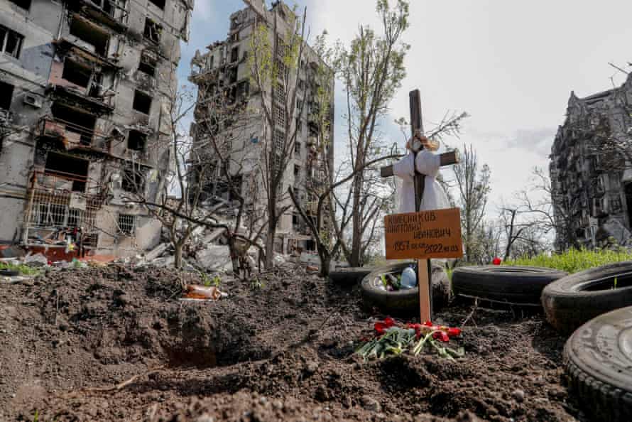The grave of a civilian killed in Mariupol, Ukraine