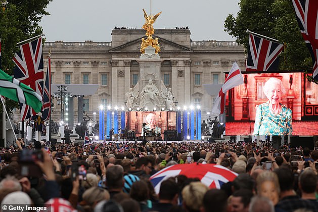 Incredible start: People gather along The Mall for the Platinum Party At The Palace concert outside Buckingham Palace