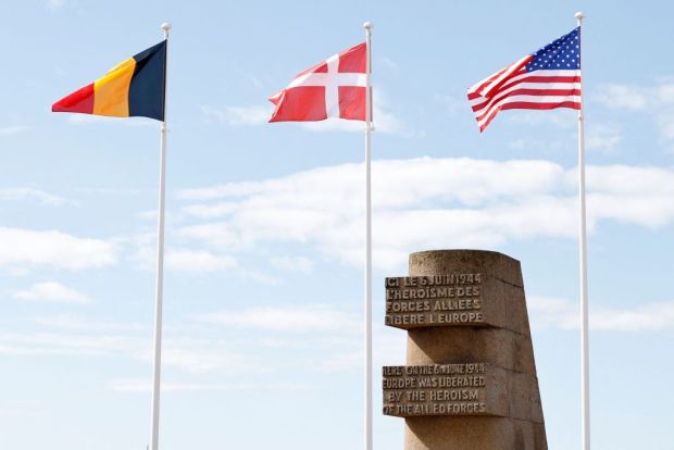 This photograph taken in Bernieres-sur-Mer, on June 6, 2022 shows the WWII monument marking Normandy landings on June 6, 1944. (Photo by Sameer Al-DOUMY / AFP) (Photo by SAMEER AL-DOUMY/AFP via Getty Images)