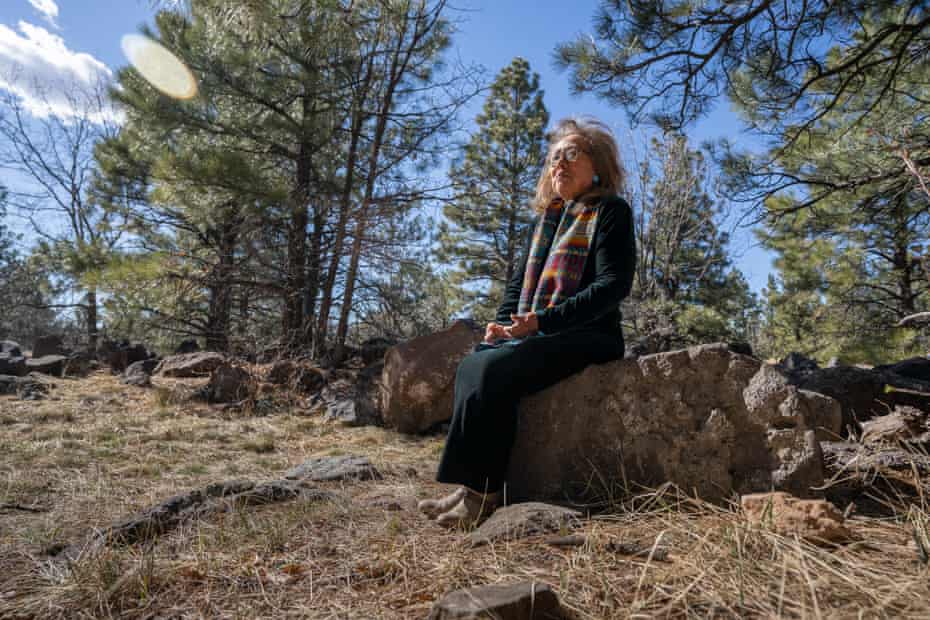 A woman sits on a rock in a wooded area.